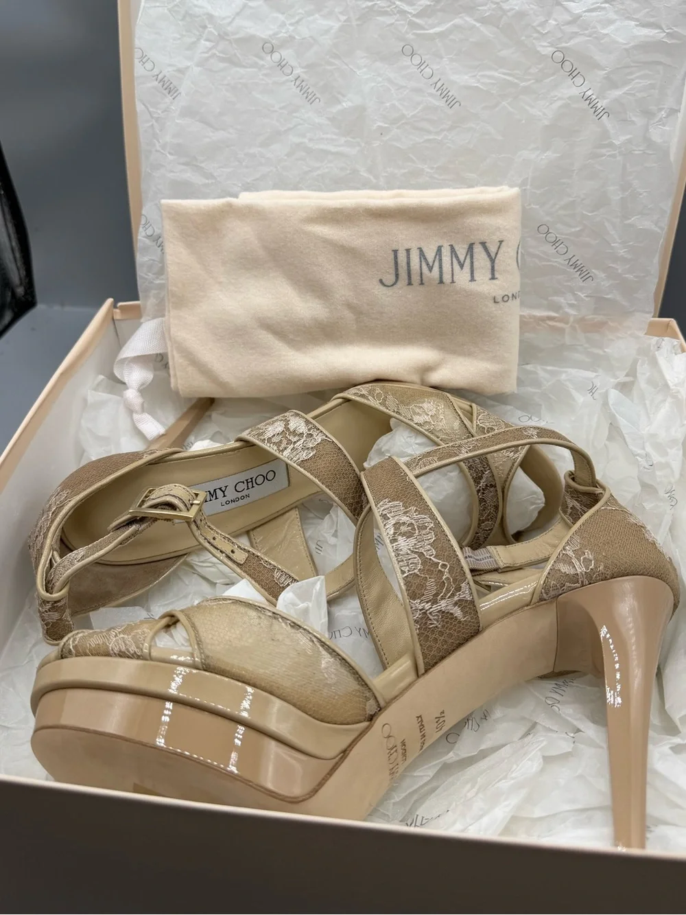 Jimmy Choo Nude Lace Crisscross Platform Stilettos
